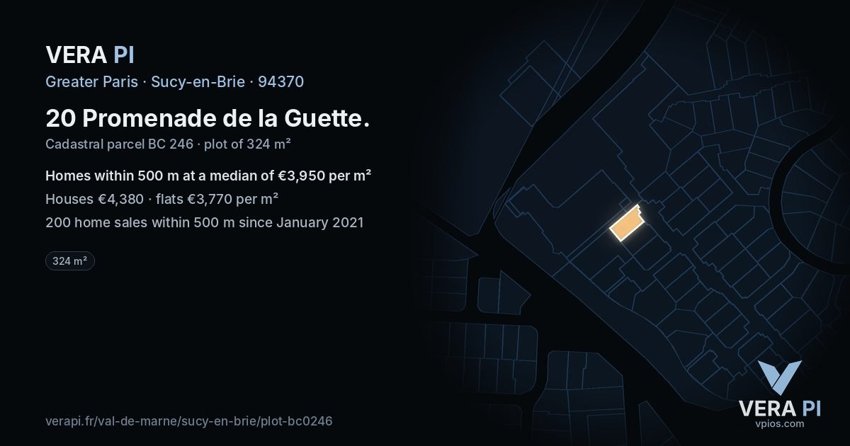 20 Promenade de la Guette, Sucy-en-Brie at night – the plot lit, the parcels around coloured by the prices near them