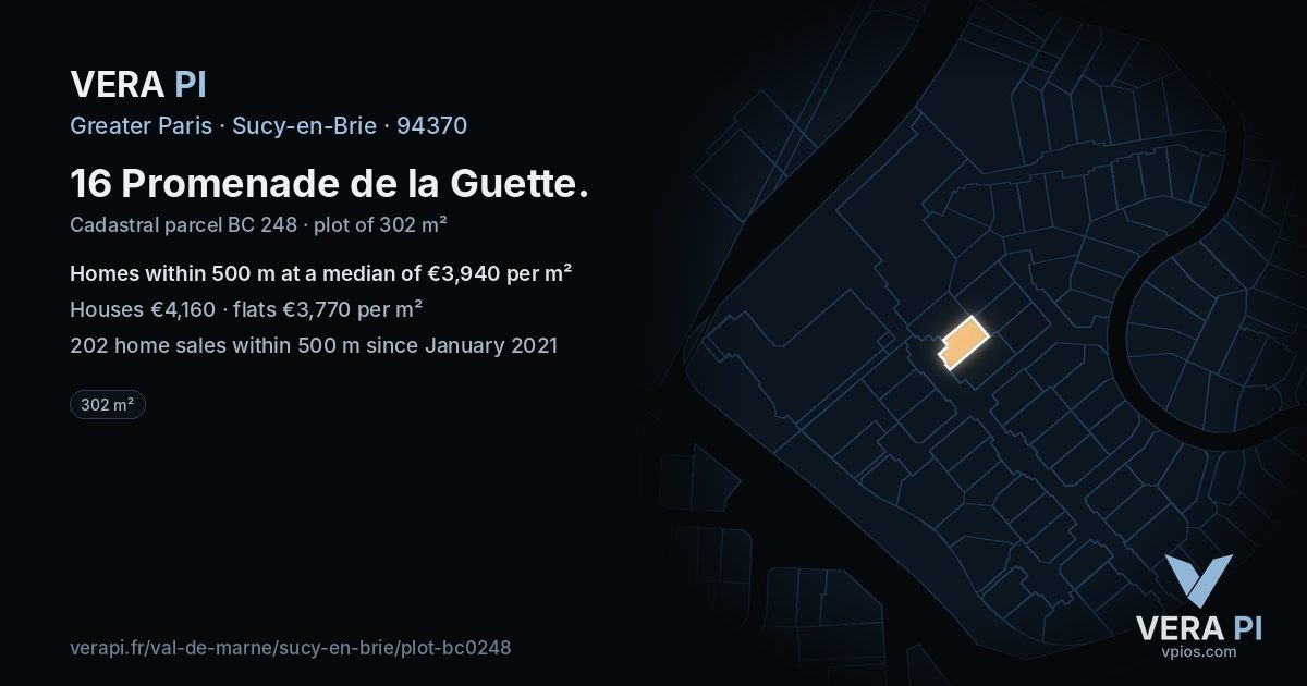 16 Promenade de la Guette, Sucy-en-Brie at night – the plot lit, the parcels around coloured by the prices near them