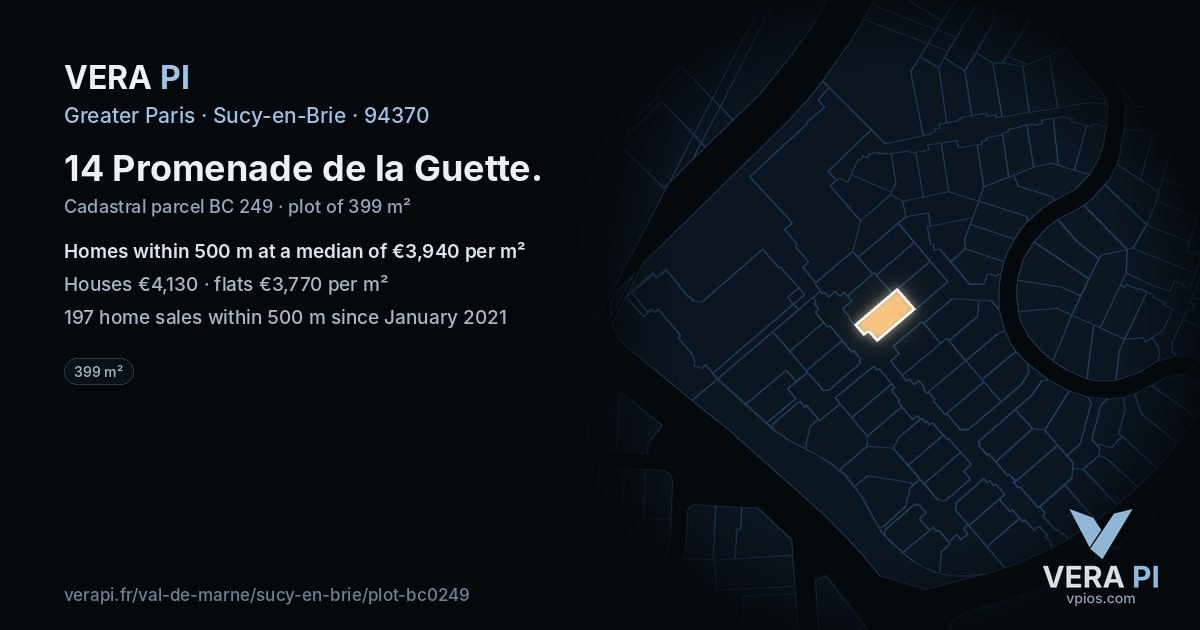 14 Promenade de la Guette, Sucy-en-Brie at night – the plot lit, the parcels around coloured by the prices near them