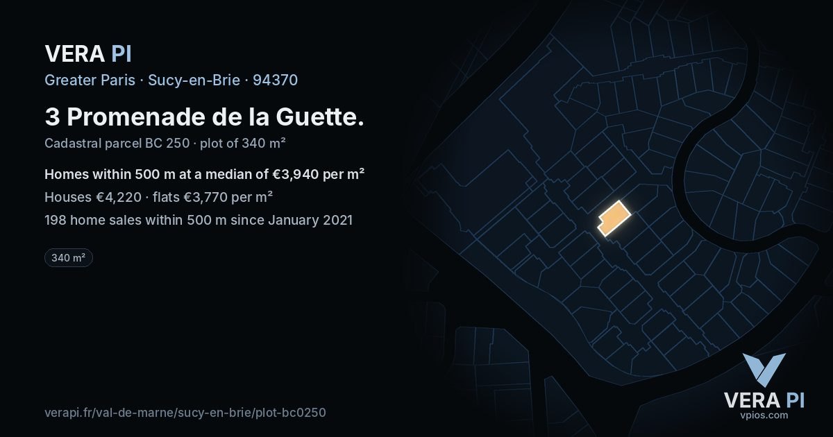 3 Promenade de la Guette, Sucy-en-Brie at night – the plot lit, the parcels around coloured by the prices near them