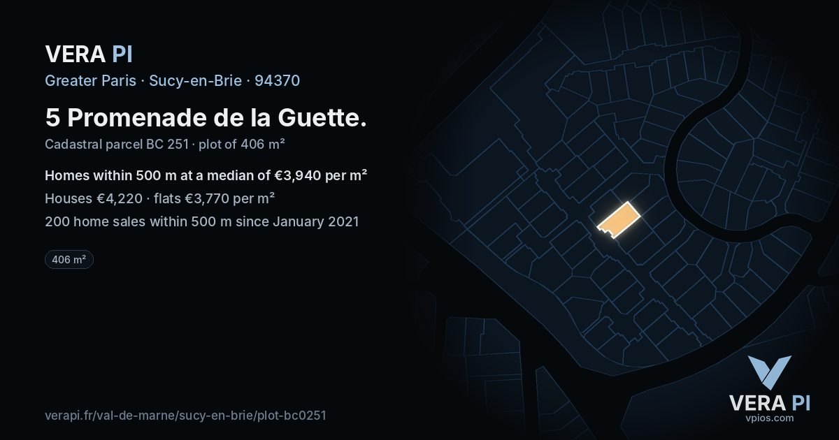 5 Promenade de la Guette, Sucy-en-Brie at night – the plot lit, the parcels around coloured by the prices near them