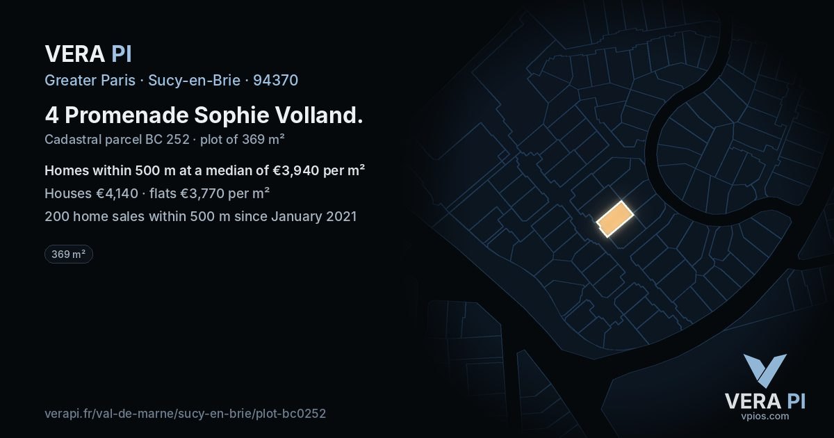 4 Promenade Sophie Volland, Sucy-en-Brie at night – the plot lit, the parcels around coloured by the prices near them