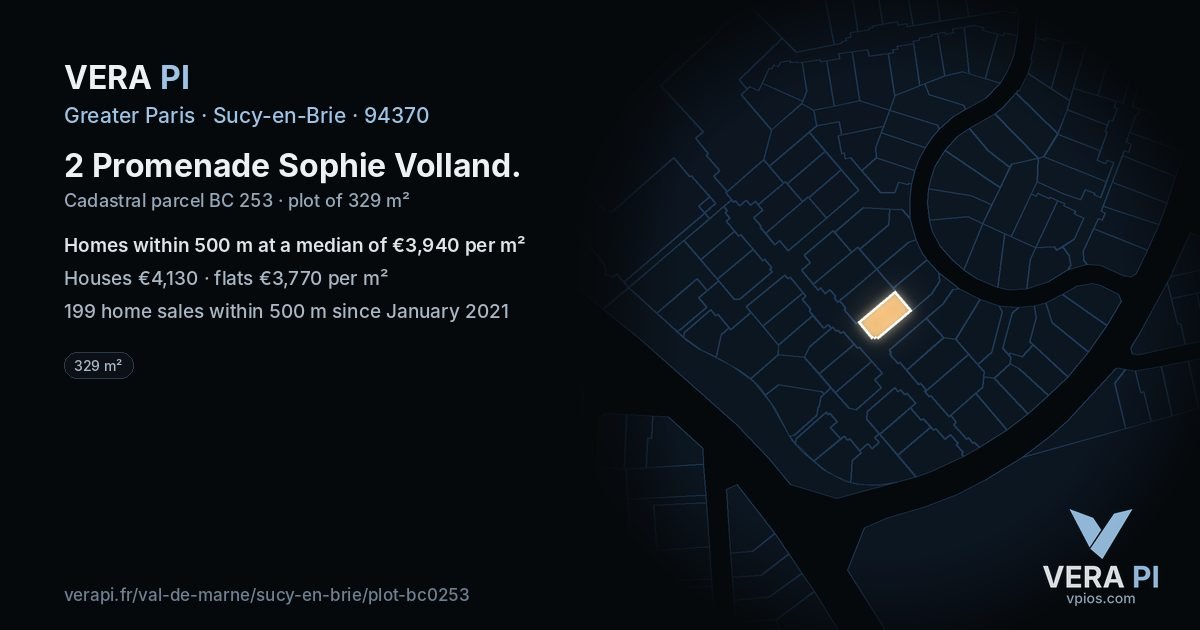 2 Promenade Sophie Volland, Sucy-en-Brie at night – the plot lit, the parcels around coloured by the prices near them