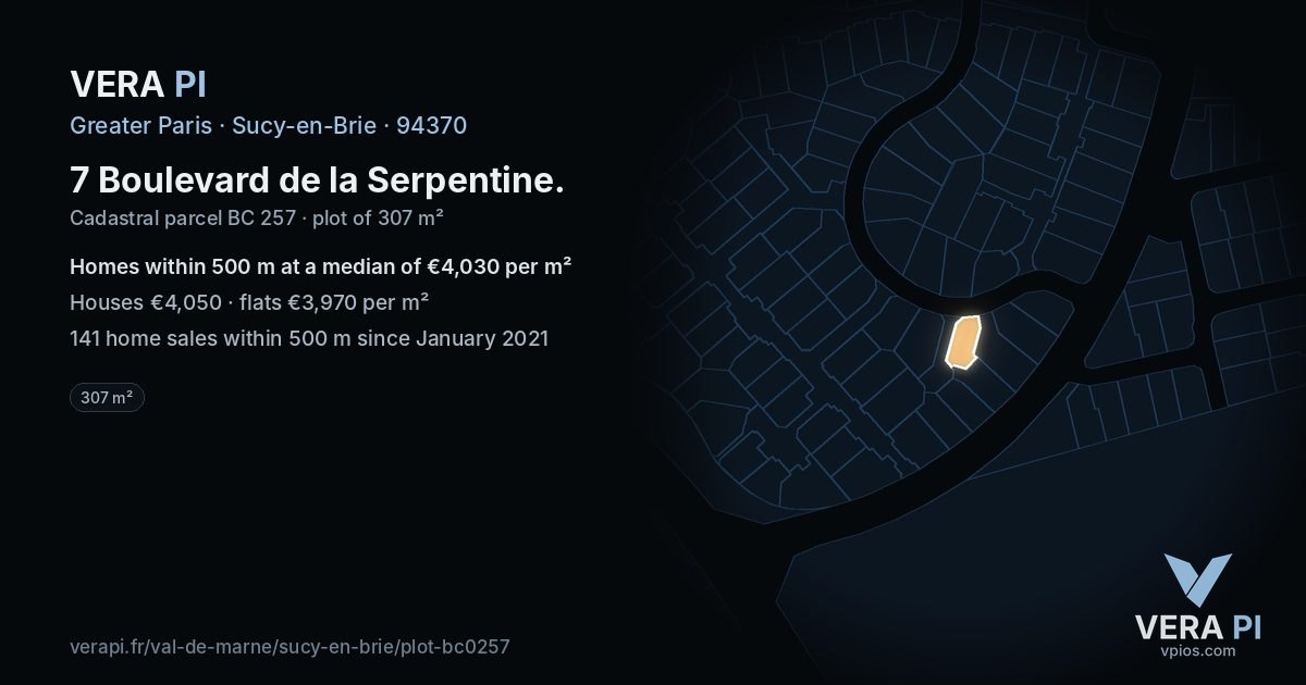 7 Boulevard de la Serpentine, Sucy-en-Brie at night – the plot lit, the parcels around coloured by the prices near them