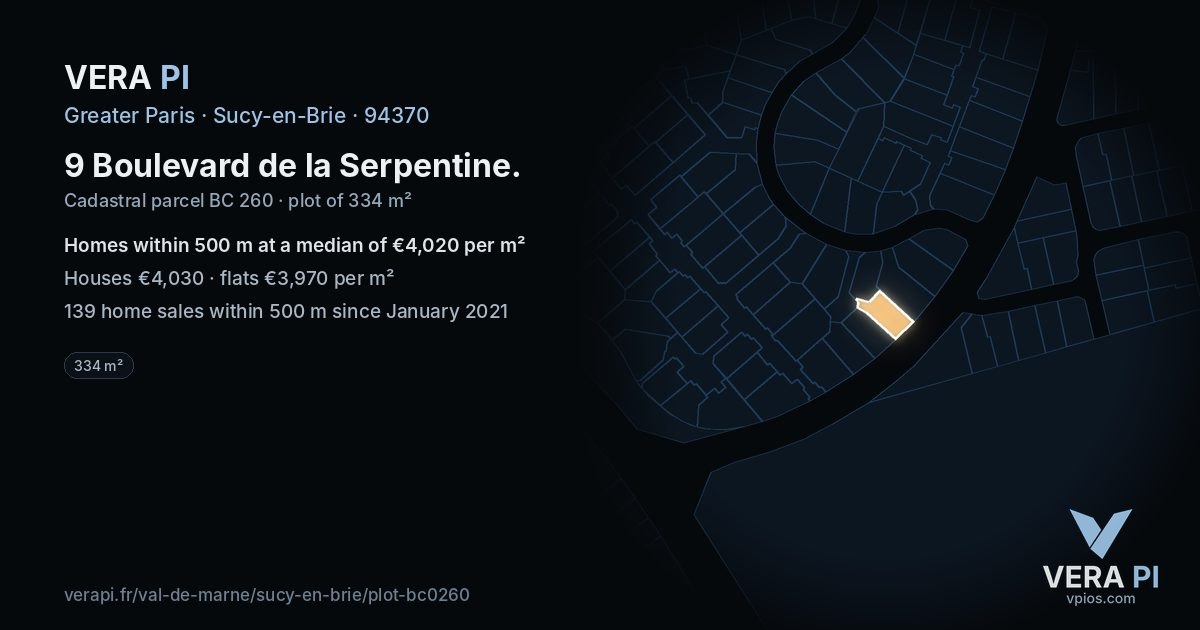9 Boulevard de la Serpentine, Sucy-en-Brie at night – the plot lit, the parcels around coloured by the prices near them