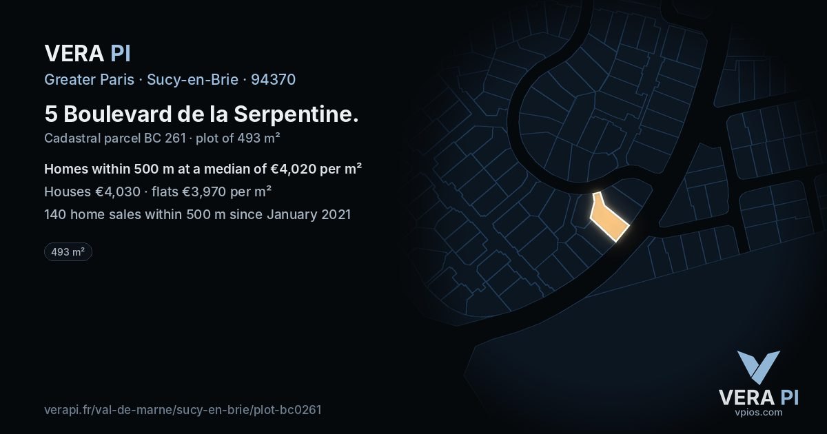 5 Boulevard de la Serpentine, Sucy-en-Brie at night – the plot lit, the parcels around coloured by the prices near them