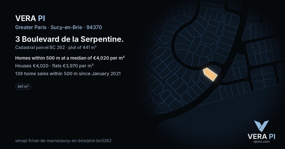 3 Boulevard de la Serpentine, Sucy-en-Brie at night – the plot lit, the parcels around coloured by the prices near them