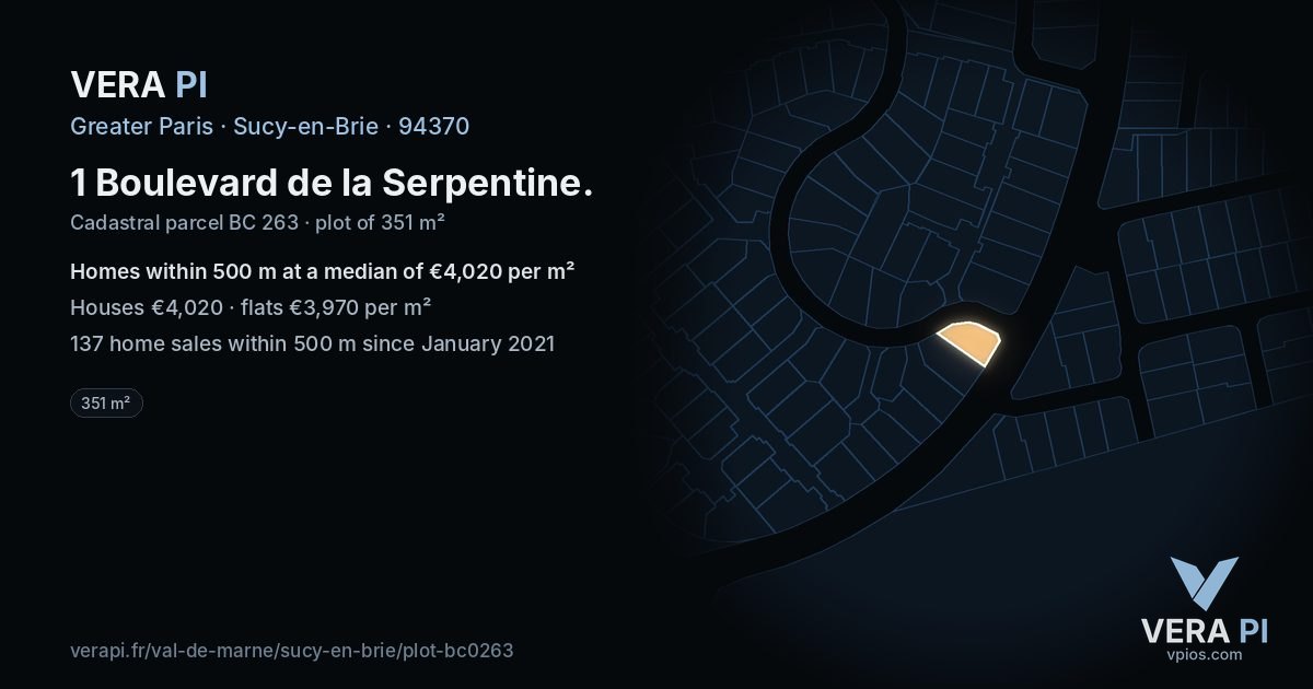 1 Boulevard de la Serpentine, Sucy-en-Brie at night – the plot lit, the parcels around coloured by the prices near them