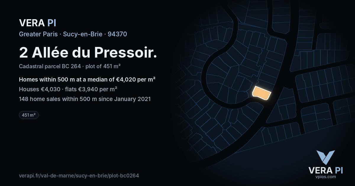 2 Allée du Pressoir, Sucy-en-Brie at night – the plot lit, the parcels around coloured by the prices near them