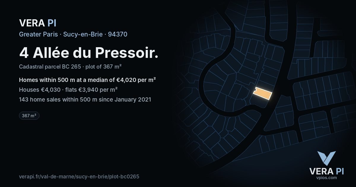 4 Allée du Pressoir, Sucy-en-Brie at night – the plot lit, the parcels around coloured by the prices near them