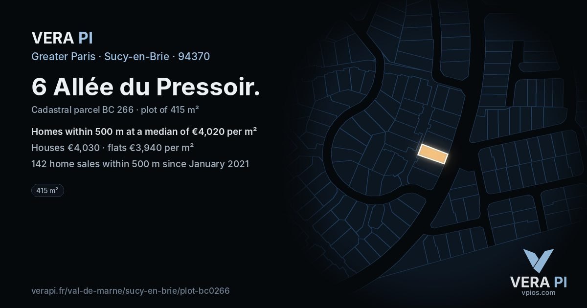 6 Allée du Pressoir, Sucy-en-Brie at night – the plot lit, the parcels around coloured by the prices near them