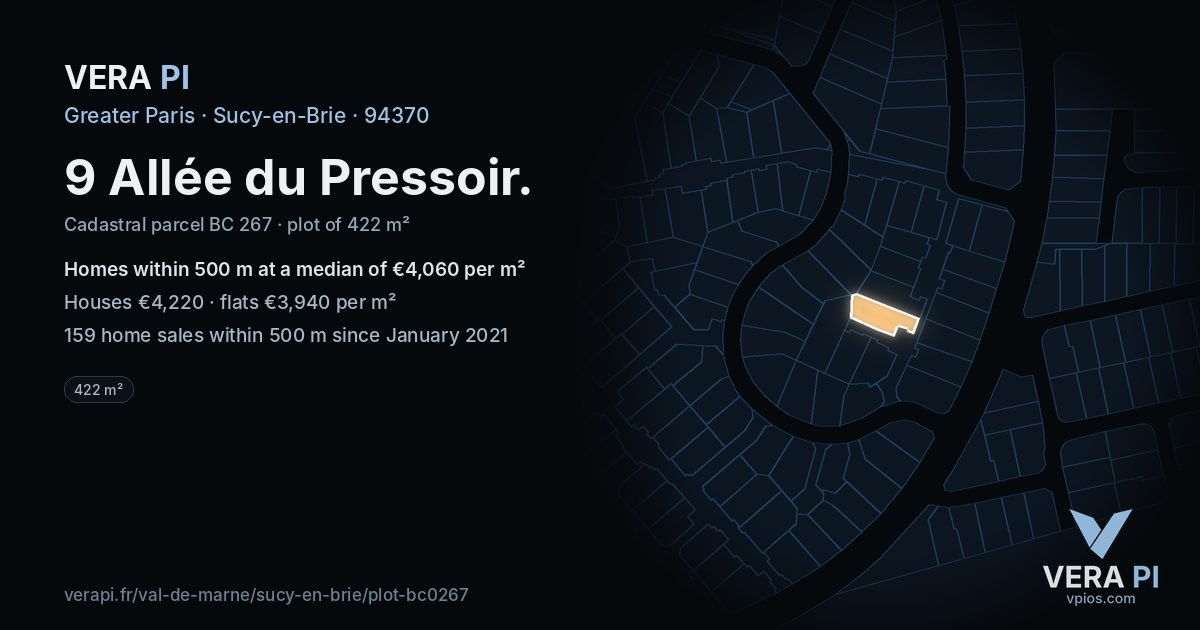9 Allée du Pressoir, Sucy-en-Brie at night – the plot lit, the parcels around coloured by the prices near them