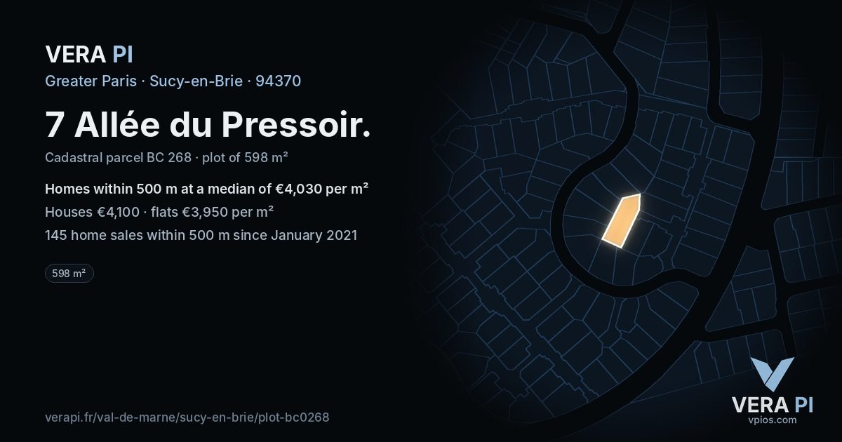 7 Allée du Pressoir, Sucy-en-Brie at night – the plot lit, the parcels around coloured by the prices near them
