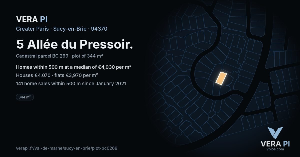5 Allée du Pressoir, Sucy-en-Brie at night – the plot lit, the parcels around coloured by the prices near them
