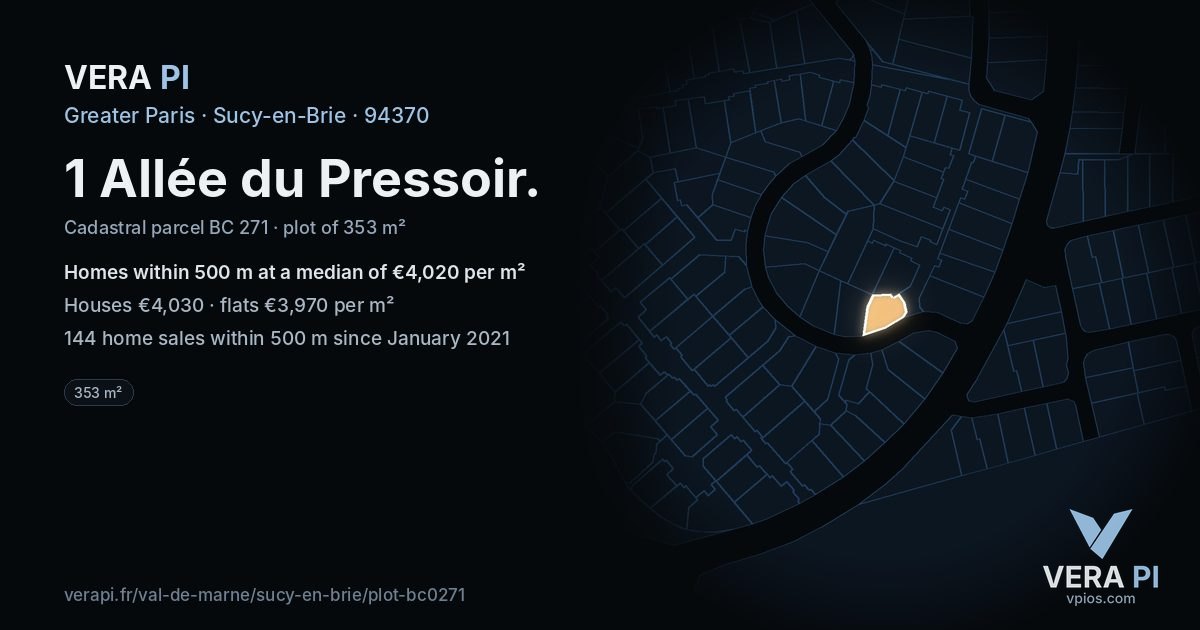 1 Allée du Pressoir, Sucy-en-Brie at night – the plot lit, the parcels around coloured by the prices near them