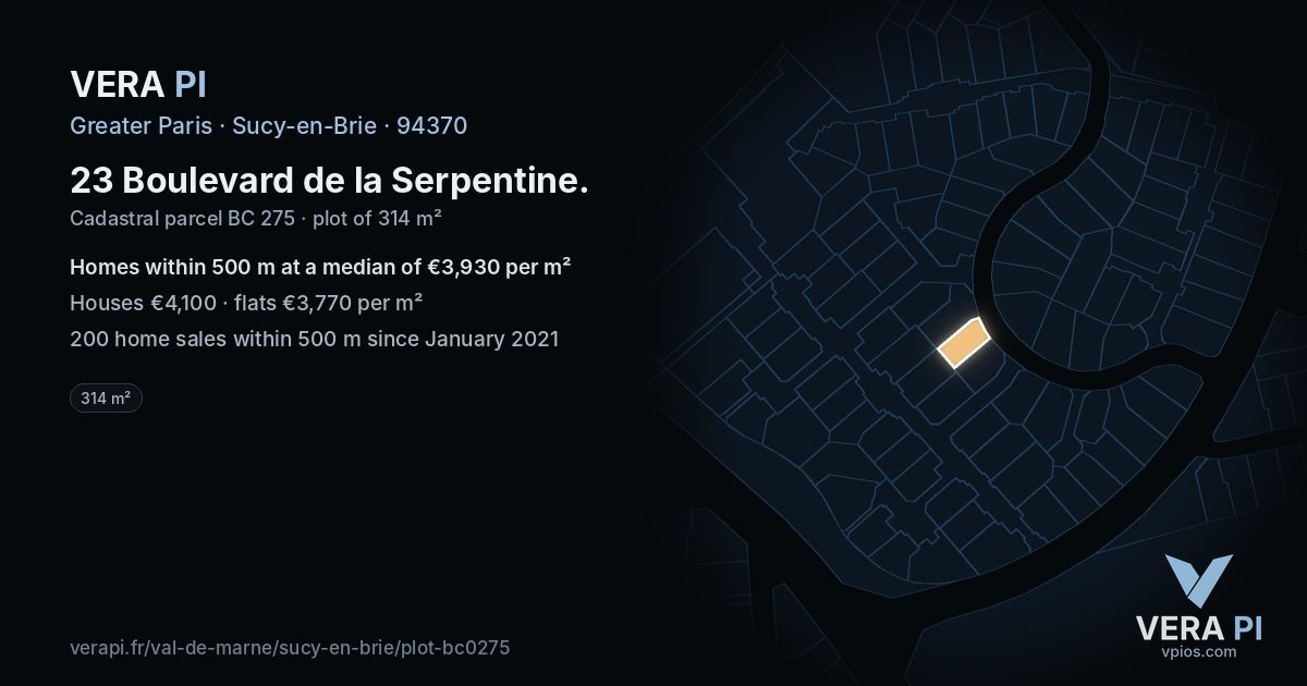 23 Boulevard de la Serpentine, Sucy-en-Brie at night – the plot lit, the parcels around coloured by the prices near them