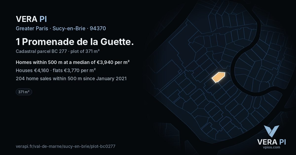 1 Promenade de la Guette, Sucy-en-Brie at night – the plot lit, the parcels around coloured by the prices near them