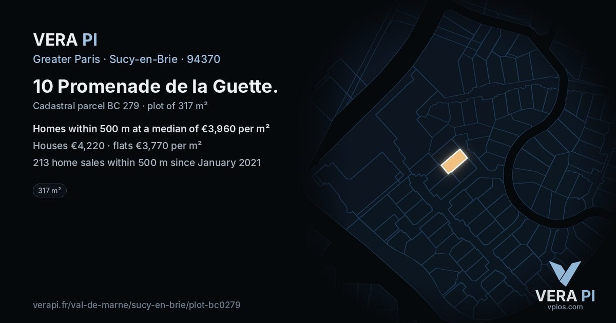 10 Promenade de la Guette, Sucy-en-Brie at night – the plot lit, the parcels around coloured by the prices near them