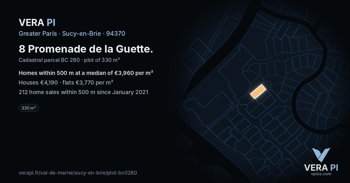 8 Promenade de la Guette, Sucy-en-Brie at night – the plot lit, the parcels around coloured by the prices near them