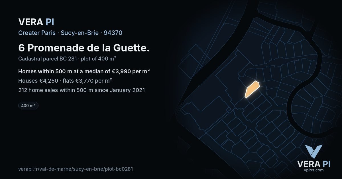 6 Promenade de la Guette, Sucy-en-Brie at night – the plot lit, the parcels around coloured by the prices near them