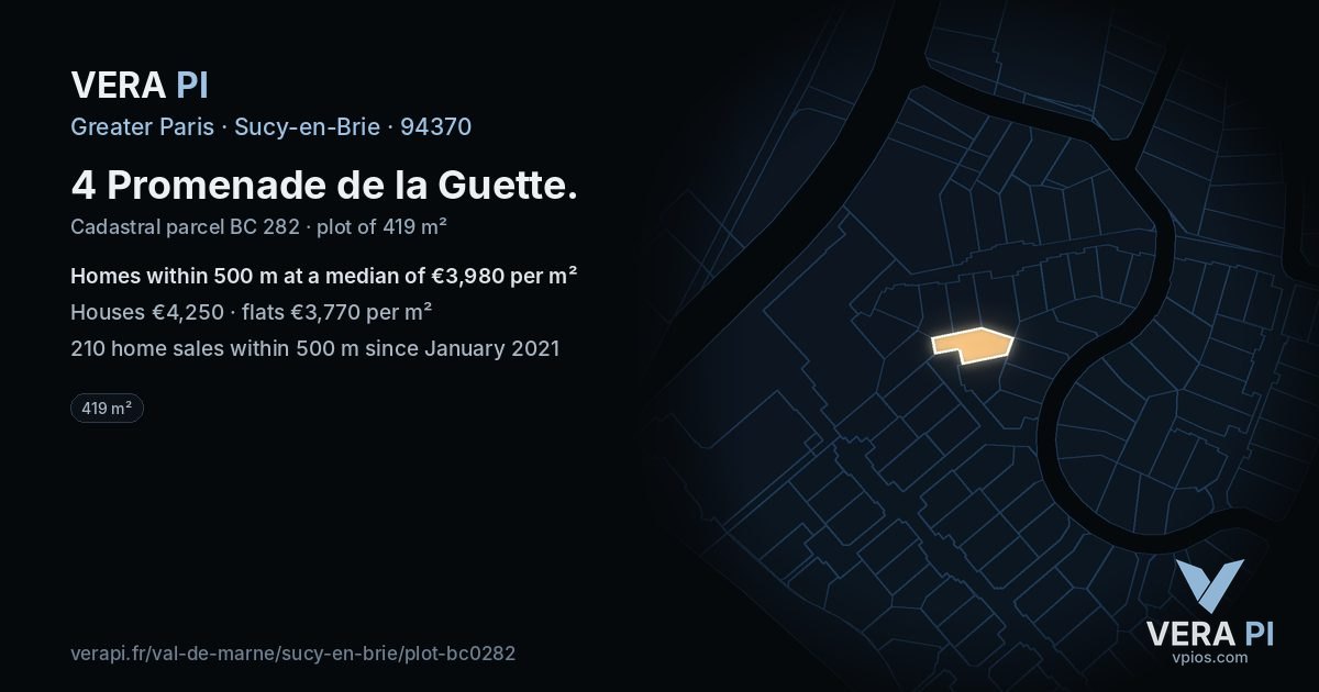 4 Promenade de la Guette, Sucy-en-Brie at night – the plot lit, the parcels around coloured by the prices near them