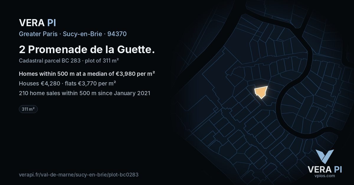 2 Promenade de la Guette, Sucy-en-Brie at night – the plot lit, the parcels around coloured by the prices near them