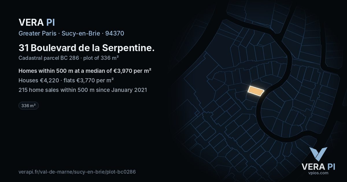 31 Boulevard de la Serpentine, Sucy-en-Brie at night – the plot lit, the parcels around coloured by the prices near them