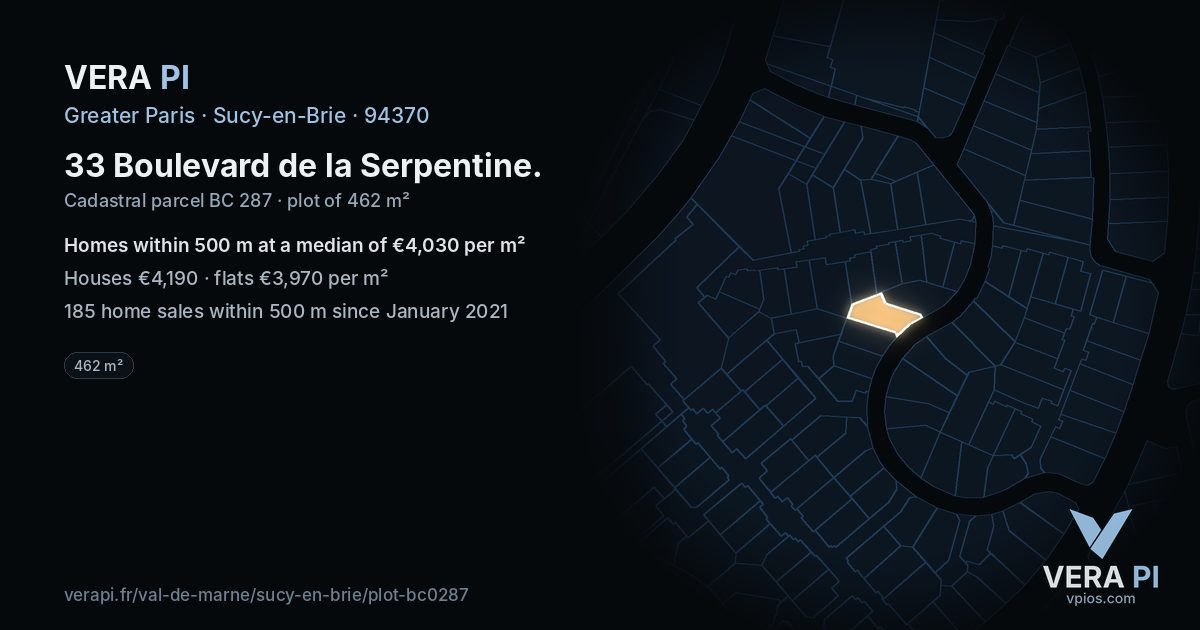 33 Boulevard de la Serpentine, Sucy-en-Brie at night – the plot lit, the parcels around coloured by the prices near them