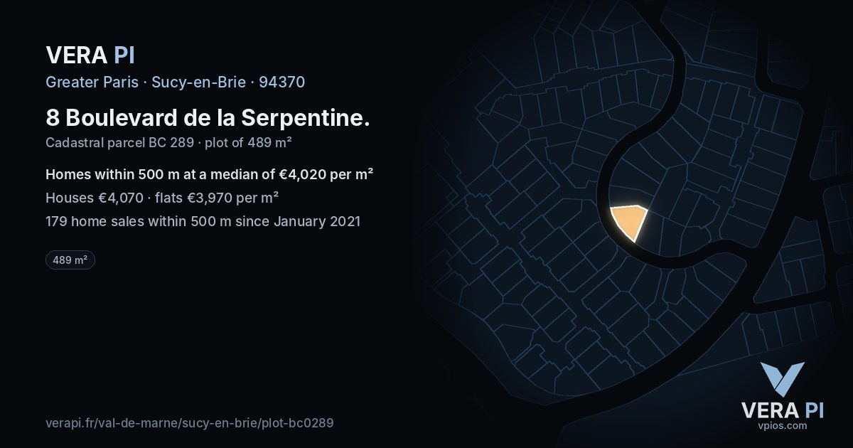 8 Boulevard de la Serpentine, Sucy-en-Brie at night – the plot lit, the parcels around coloured by the prices near them