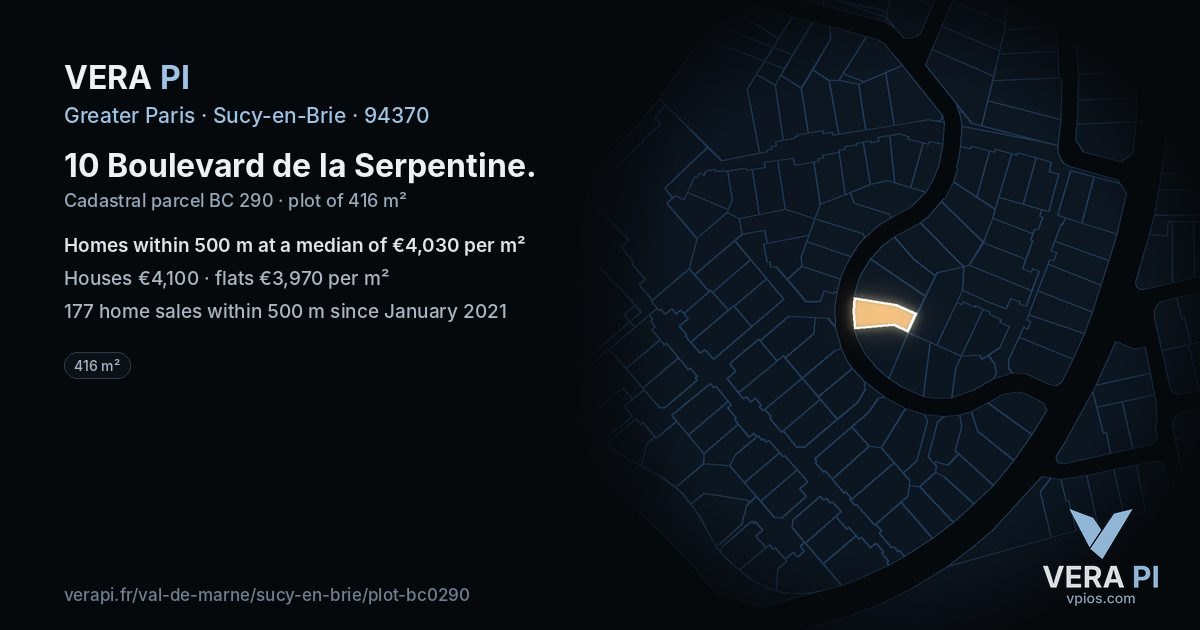 10 Boulevard de la Serpentine, Sucy-en-Brie at night – the plot lit, the parcels around coloured by the prices near them