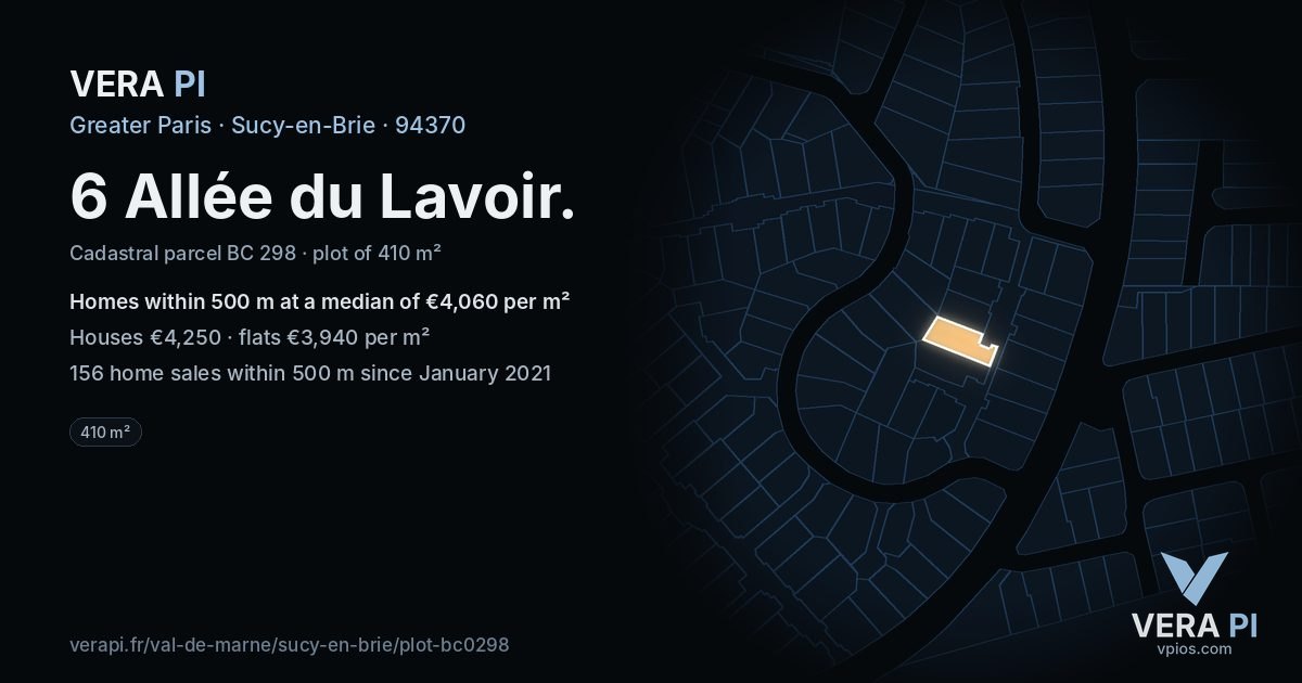 6 Allée du Lavoir, Sucy-en-Brie at night – the plot lit, the parcels around coloured by the prices near them
