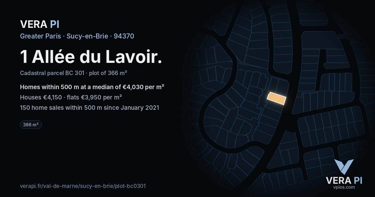 1 Allée du Lavoir, Sucy-en-Brie at night – the plot lit, the parcels around coloured by the prices near them