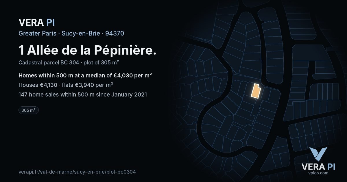 1 Allée de la Pépinière, Sucy-en-Brie at night – the plot lit, the parcels around coloured by the prices near them