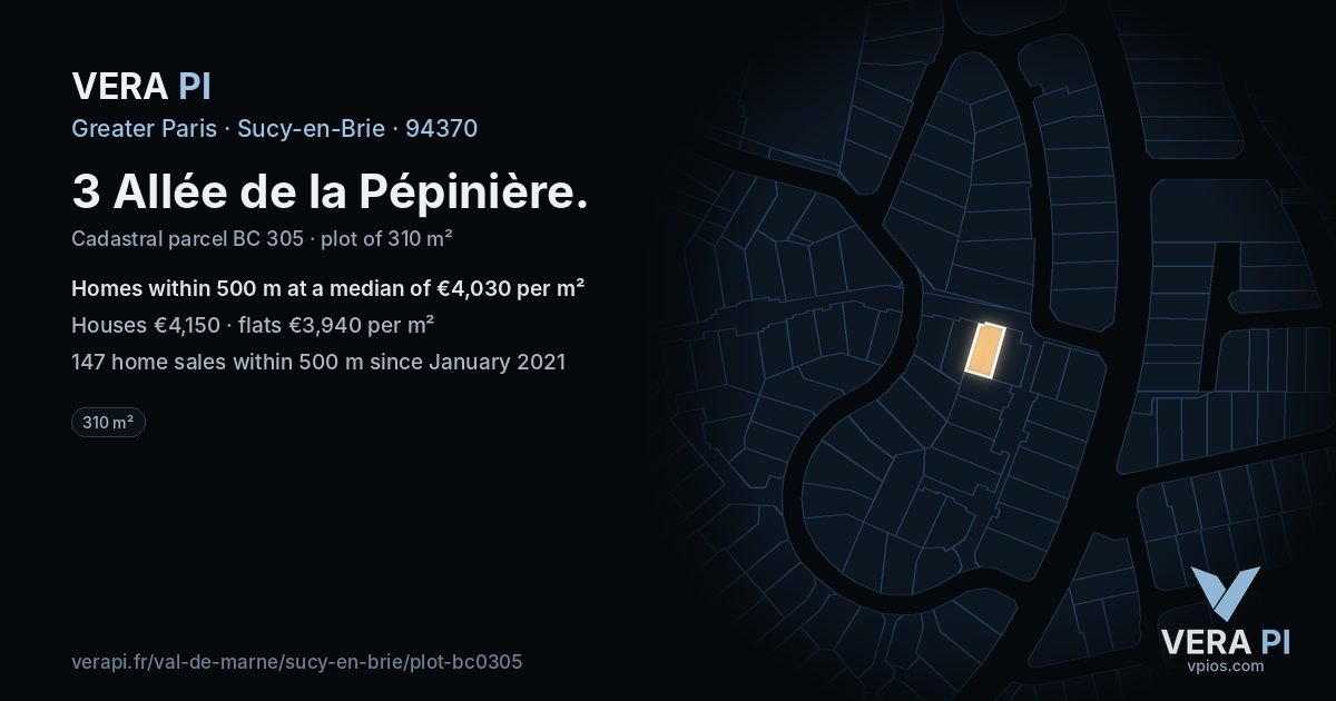 3 Allée de la Pépinière, Sucy-en-Brie at night – the plot lit, the parcels around coloured by the prices near them