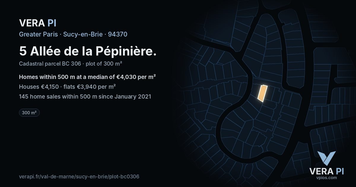 5 Allée de la Pépinière, Sucy-en-Brie at night – the plot lit, the parcels around coloured by the prices near them