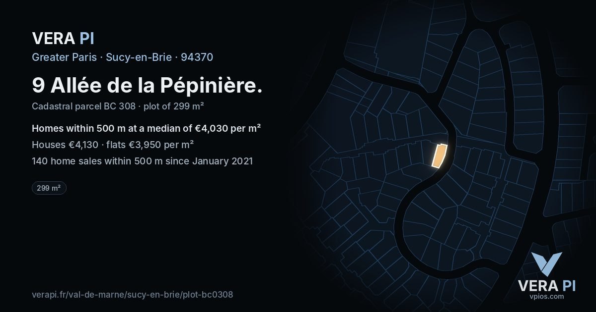 9 Allée de la Pépinière, Sucy-en-Brie at night – the plot lit, the parcels around coloured by the prices near them