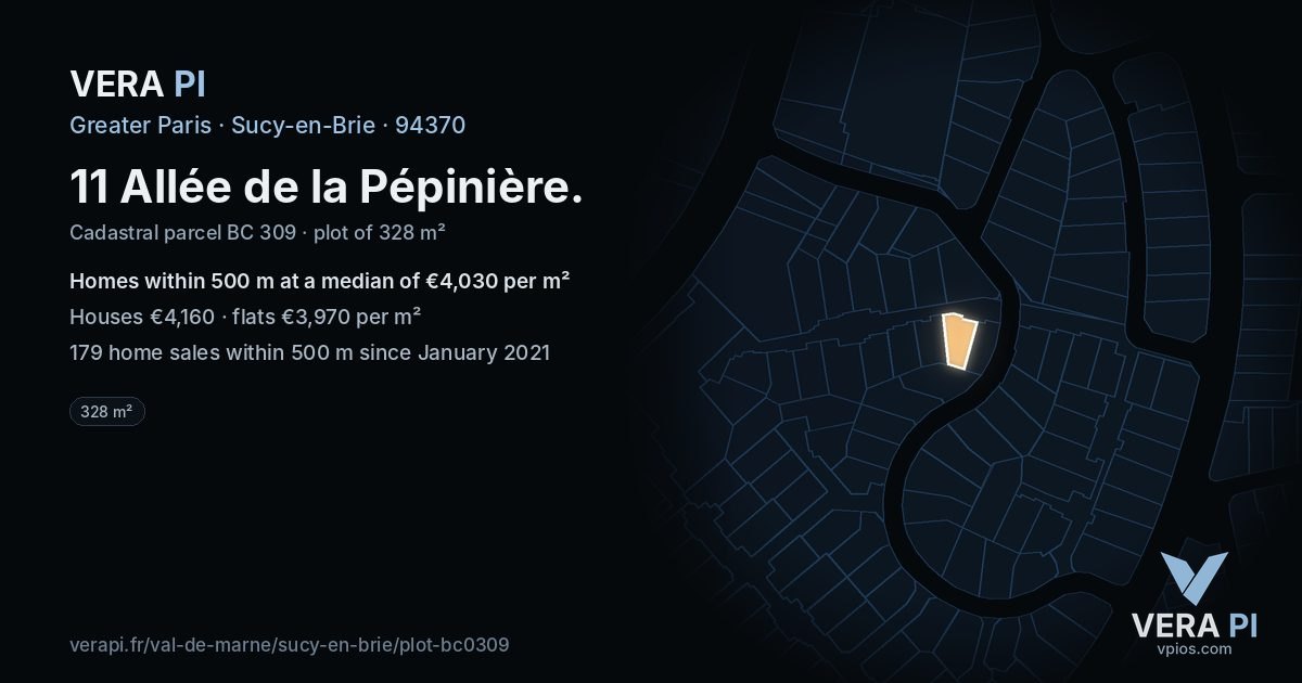 11 Allée de la Pépinière, Sucy-en-Brie at night – the plot lit, the parcels around coloured by the prices near them