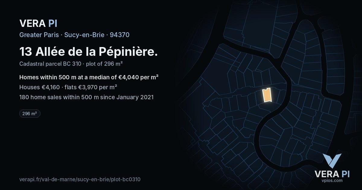 13 Allée de la Pépinière, Sucy-en-Brie at night – the plot lit, the parcels around coloured by the prices near them