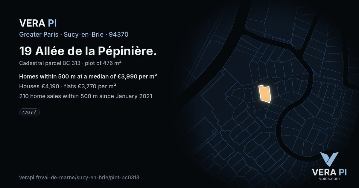 19 Allée de la Pépinière, Sucy-en-Brie at night – the plot lit, the parcels around coloured by the prices near them