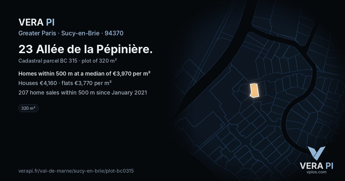 23 Allée de la Pépinière, Sucy-en-Brie at night – the plot lit, the parcels around coloured by the prices near them