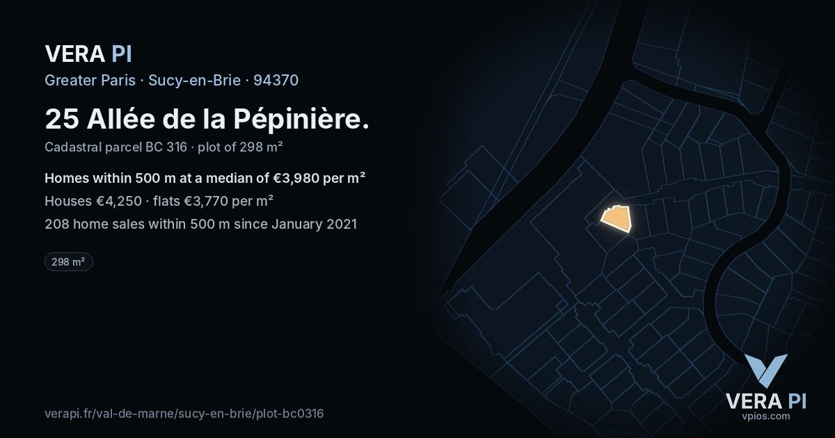 25 Allée de la Pépinière, Sucy-en-Brie at night – the plot lit, the parcels around coloured by the prices near them