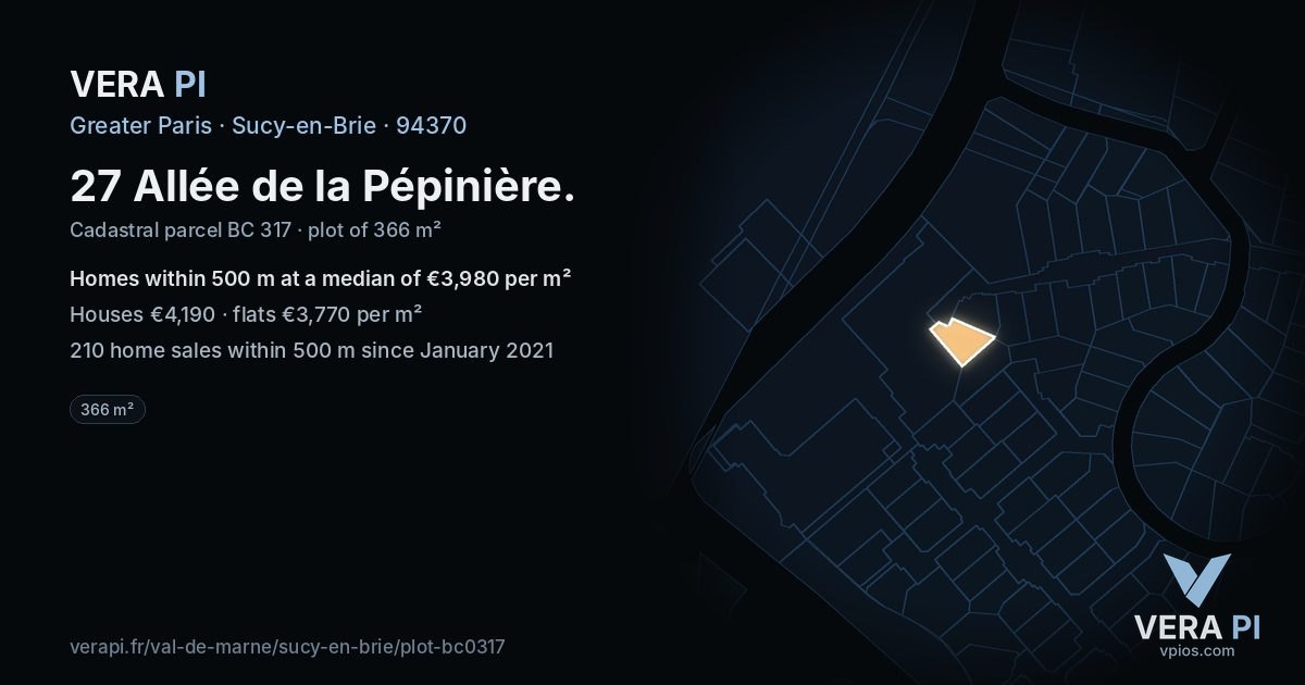 27 Allée de la Pépinière, Sucy-en-Brie at night – the plot lit, the parcels around coloured by the prices near them