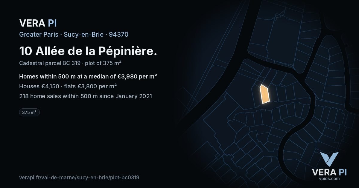 10 Allée de la Pépinière, Sucy-en-Brie at night – the plot lit, the parcels around coloured by the prices near them