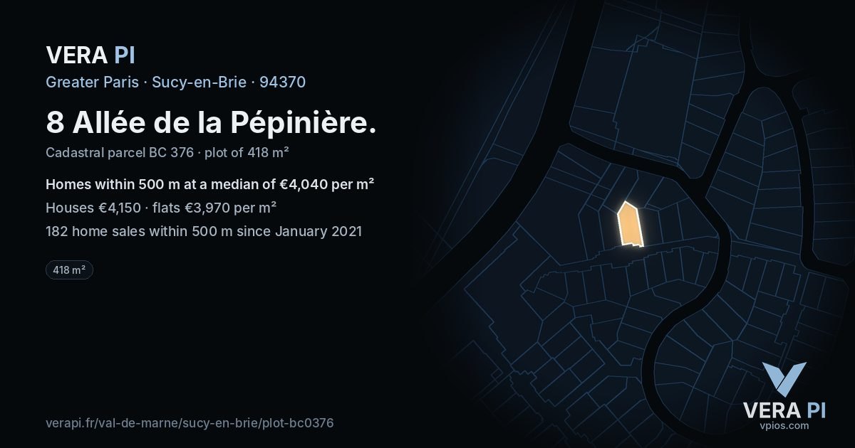 8 Allée de la Pépinière, Sucy-en-Brie at night – the plot lit, the parcels around coloured by the prices near them