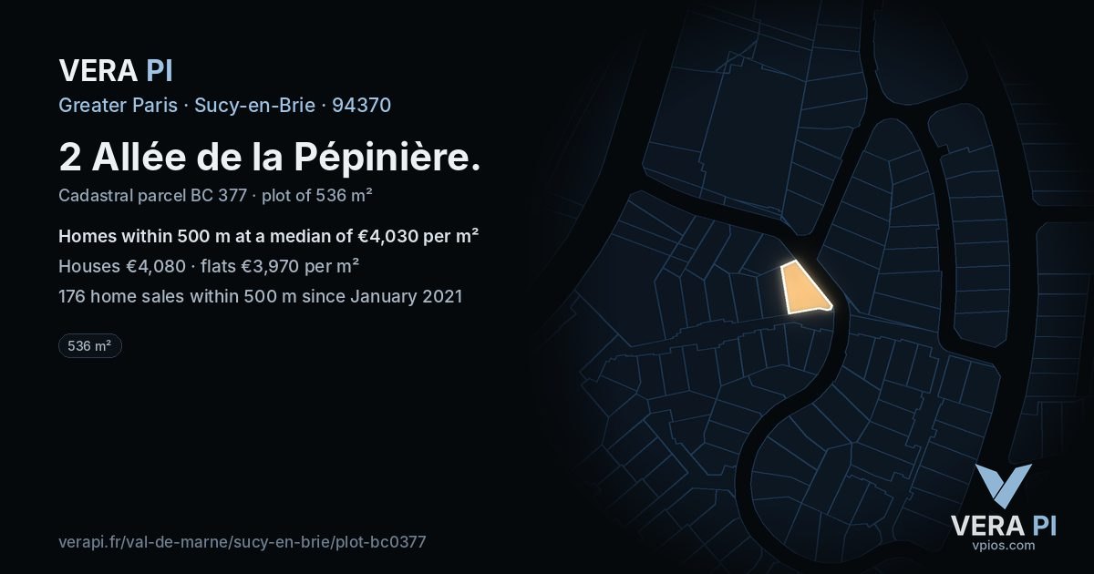 2 Allée de la Pépinière, Sucy-en-Brie at night – the plot lit, the parcels around coloured by the prices near them
