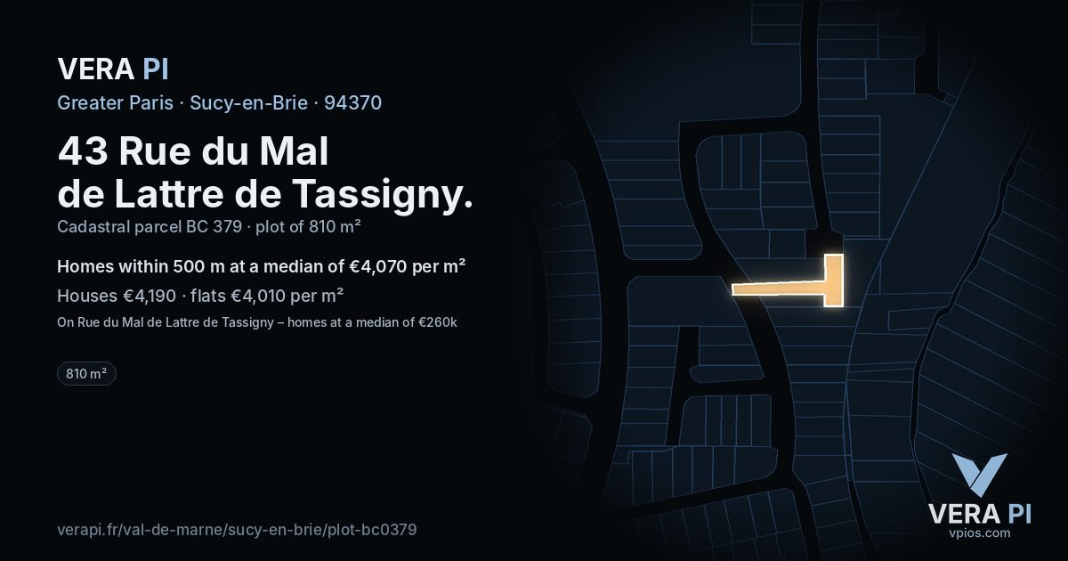 43 Rue du Mal de Lattre de Tassigny, Sucy-en-Brie at night – the plot lit, the parcels around coloured by the prices near them