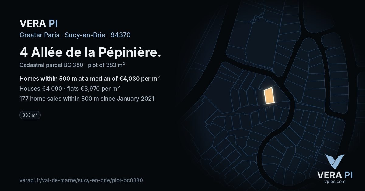 4 Allée de la Pépinière, Sucy-en-Brie at night – the plot lit, the parcels around coloured by the prices near them