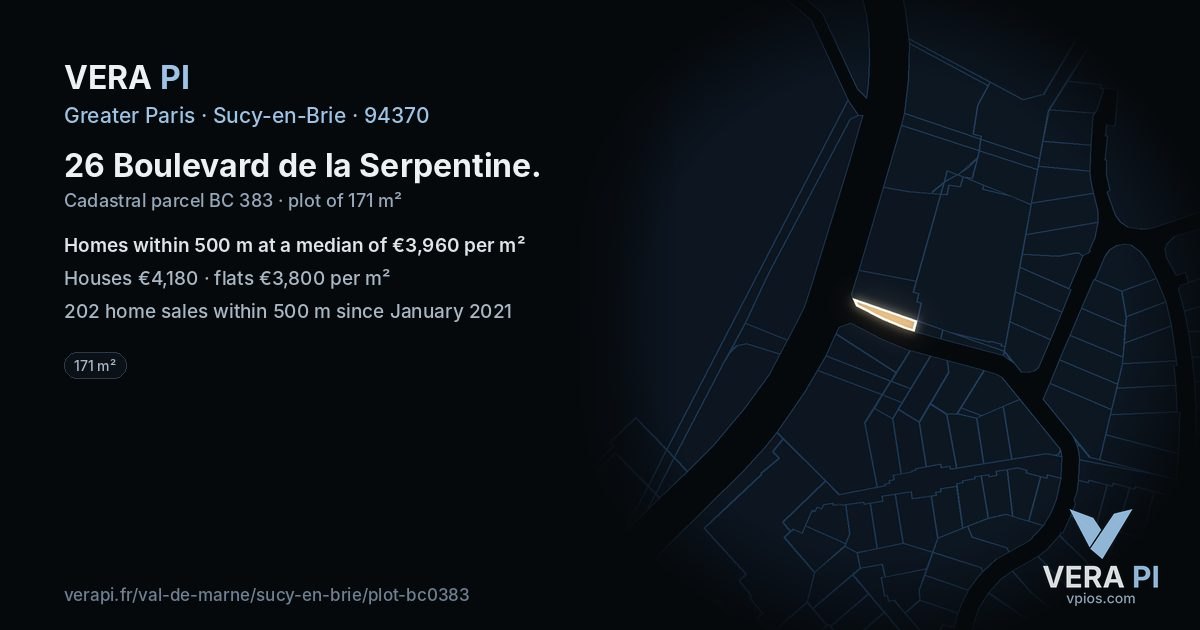 26 Boulevard de la Serpentine, Sucy-en-Brie at night – the plot lit, the parcels around coloured by the prices near them
