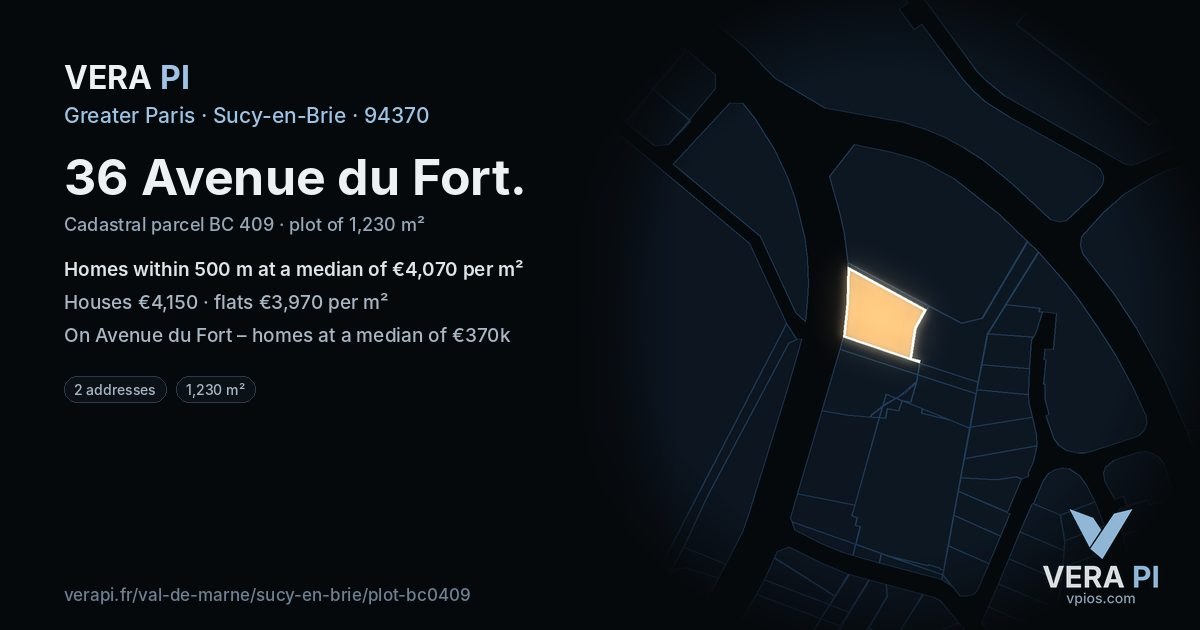 36 Avenue du Fort, Sucy-en-Brie at night – the plot lit, the parcels around coloured by the prices near them