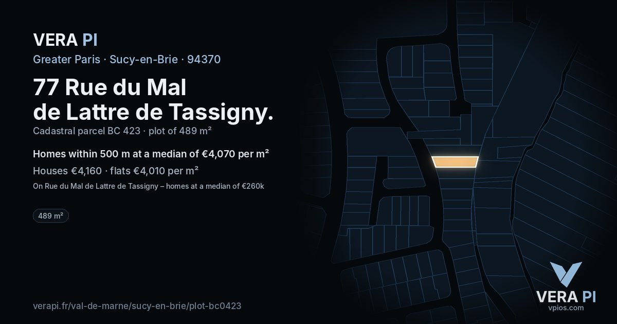 77 Rue du Mal de Lattre de Tassigny, Sucy-en-Brie at night – the plot lit, the parcels around coloured by the prices near them